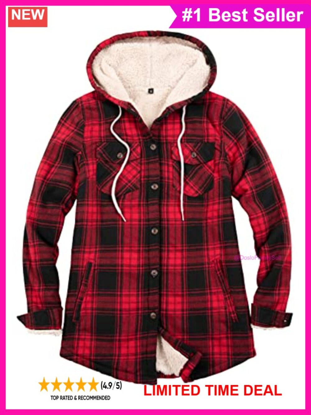 Sherpa Lined Hooded Flannel Jacket Plaid Button Down Casual